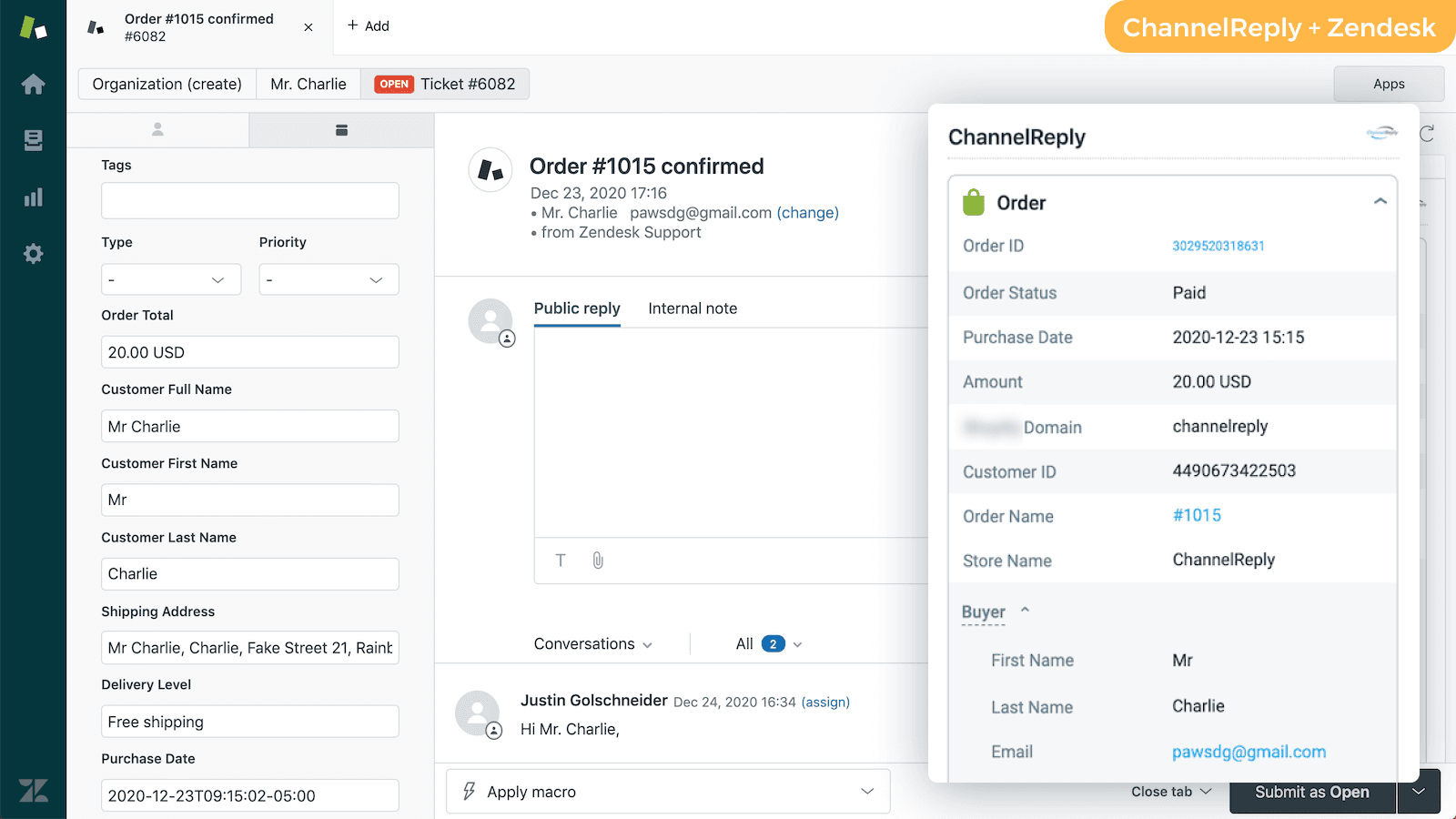 Shopify messaging in Zendesk with ChannelReply