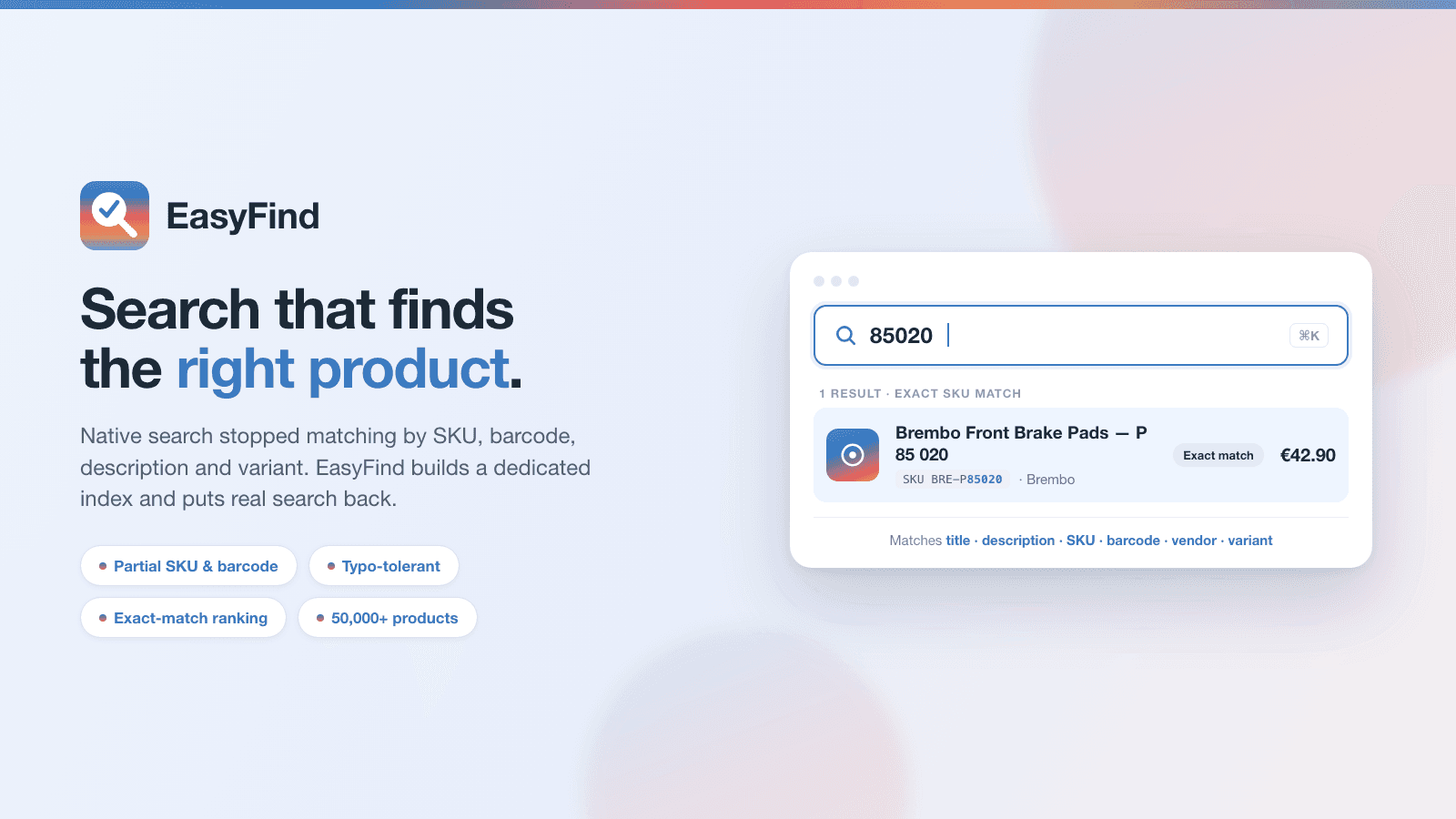 EasyFind search finds products by SKU, barcode and variant