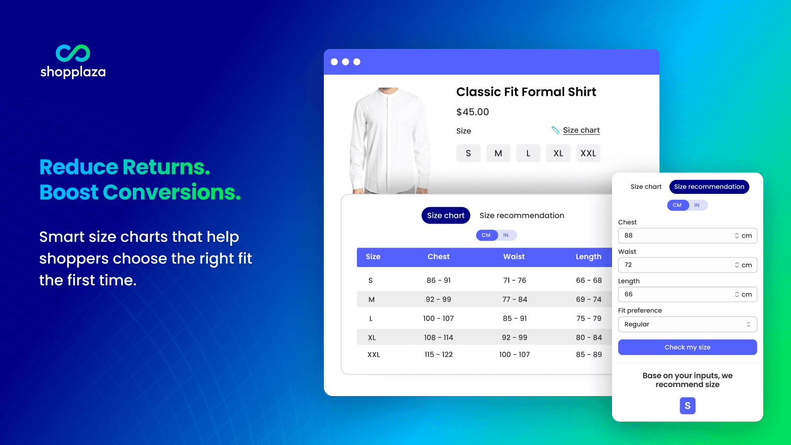 reduce returns with customizable size chart and size recommender