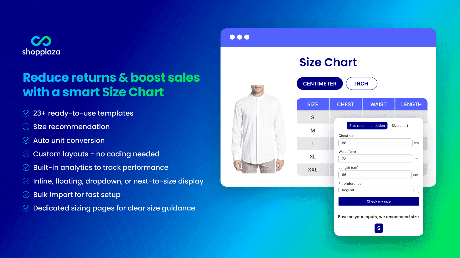 reduce returns with customizable size chart and size recommender