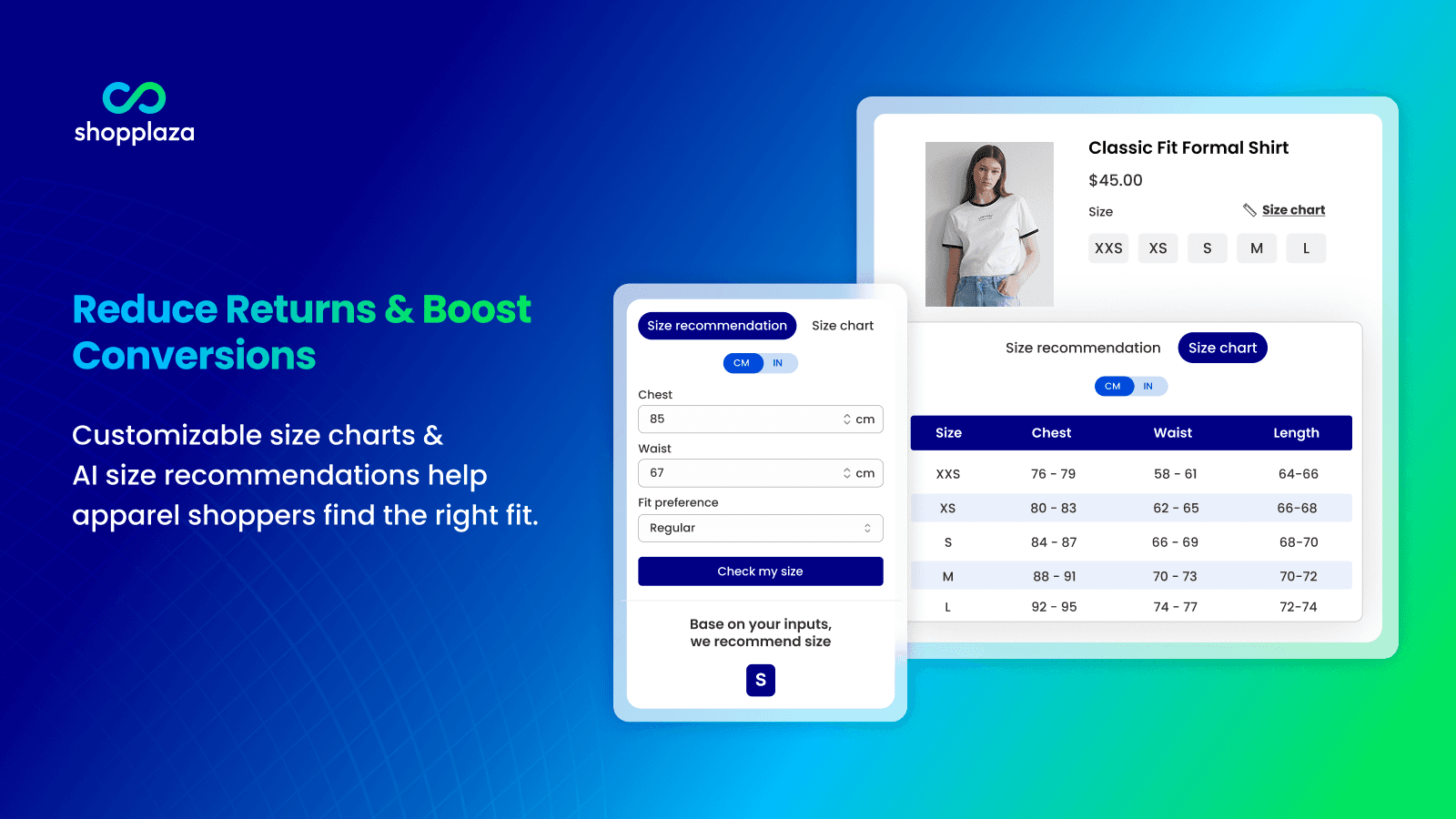 reduce returns with customizable size chart and AI recommender