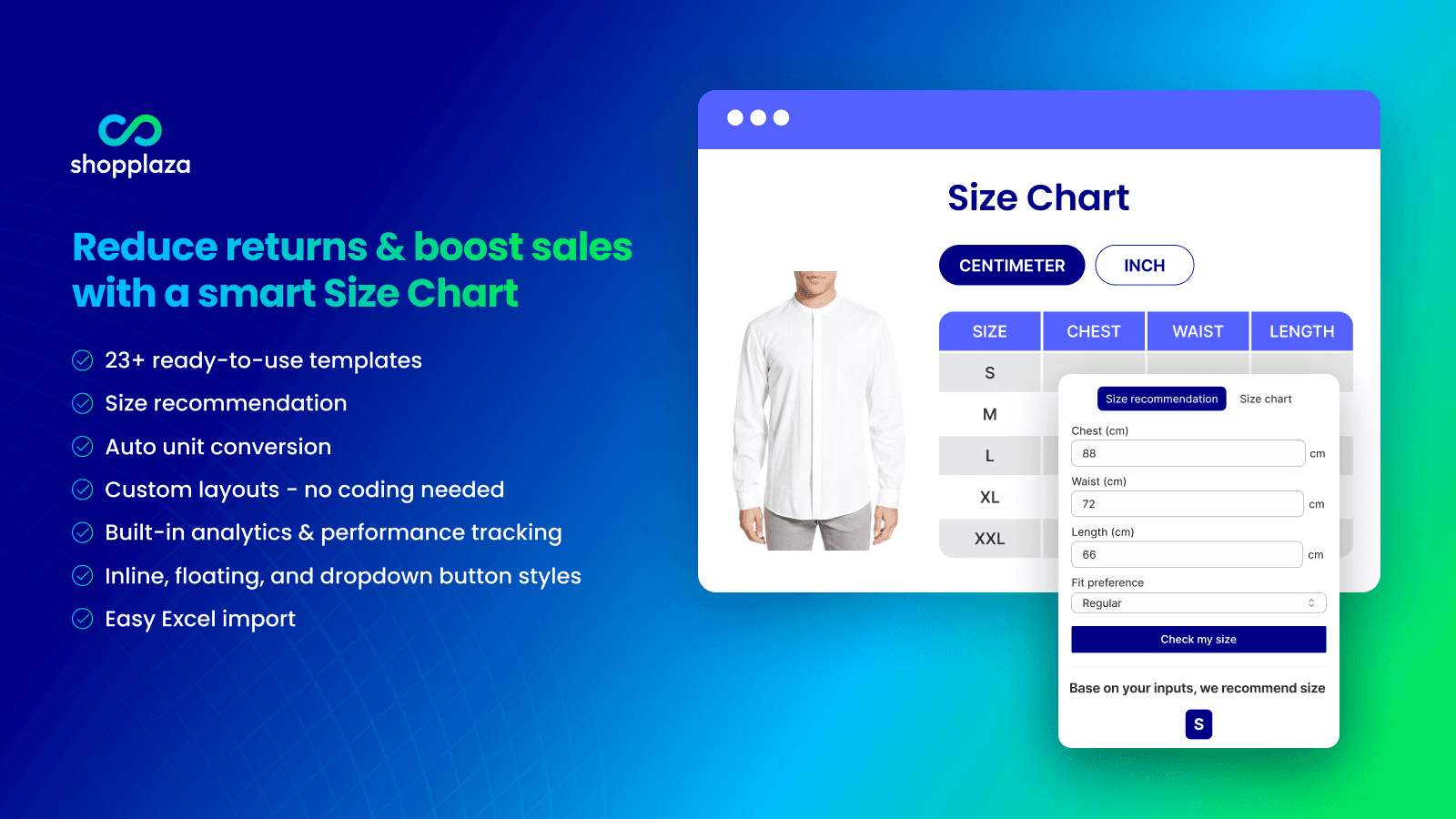 reduce returns with customizable size chart and size recommender