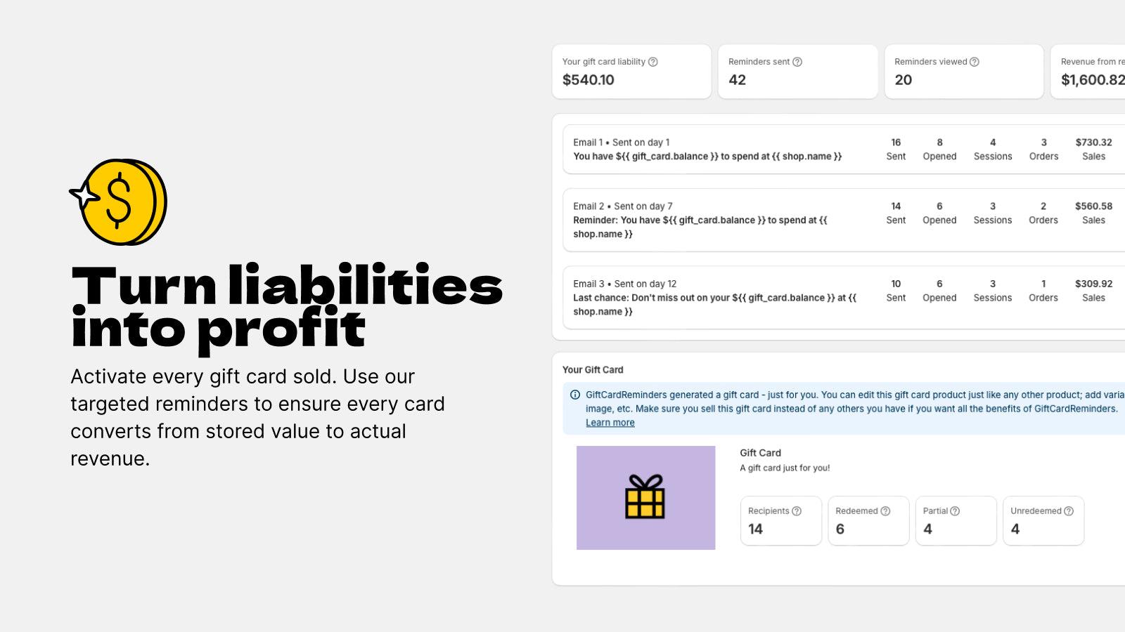 App dashboard with stats showing liability, earnings, campaigns.