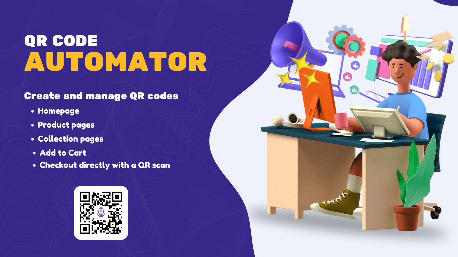 QR Code Automator promo with features list and QR code