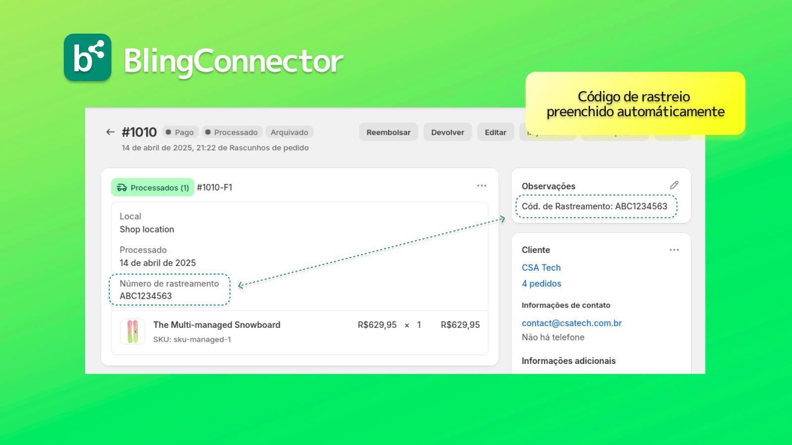 Bling processamento de código de rastreio