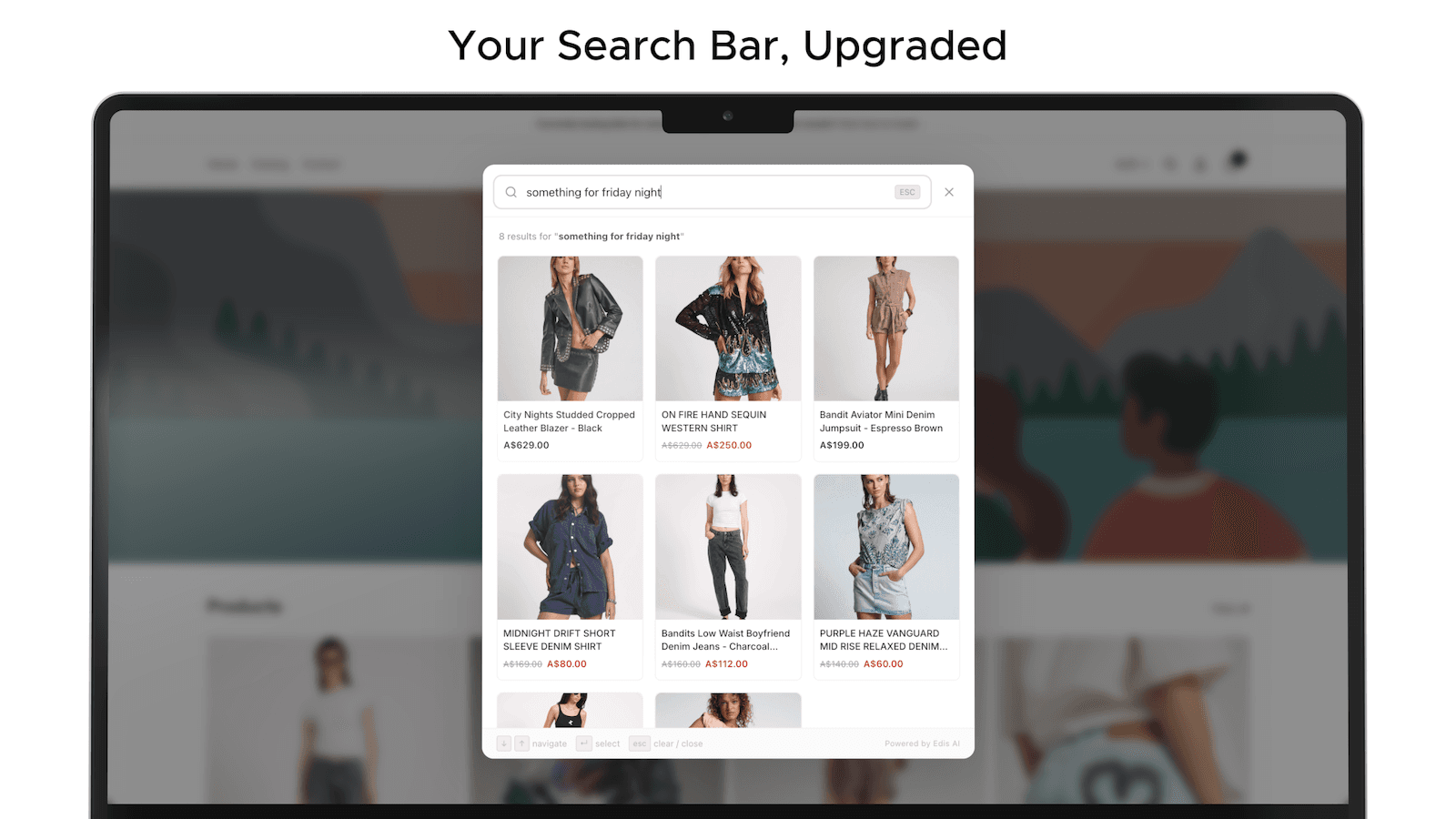 Edis AI search modal showing relevant fashion results