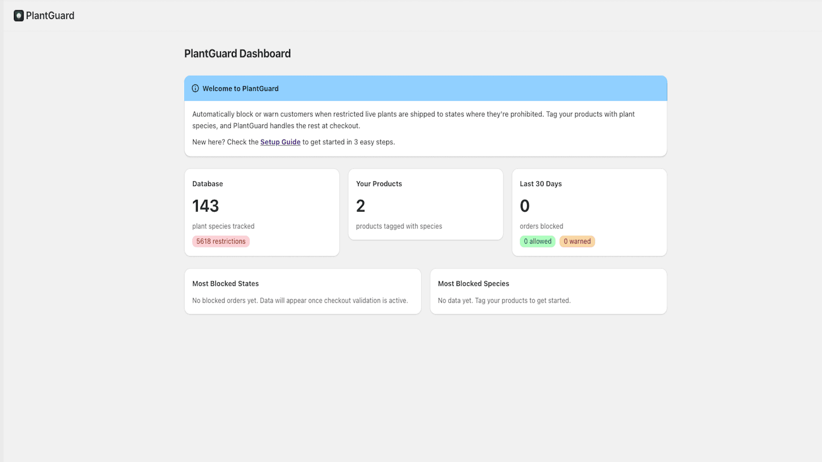 PlantGuard dashboard with 143 species and 5,618 restrictions