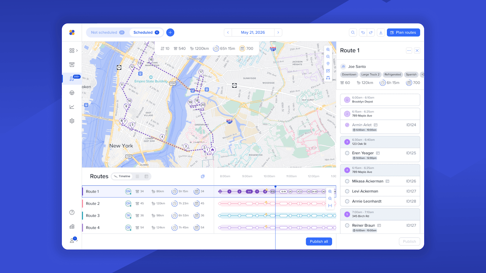 Routific dispatcher view showing optimized routes & stop details