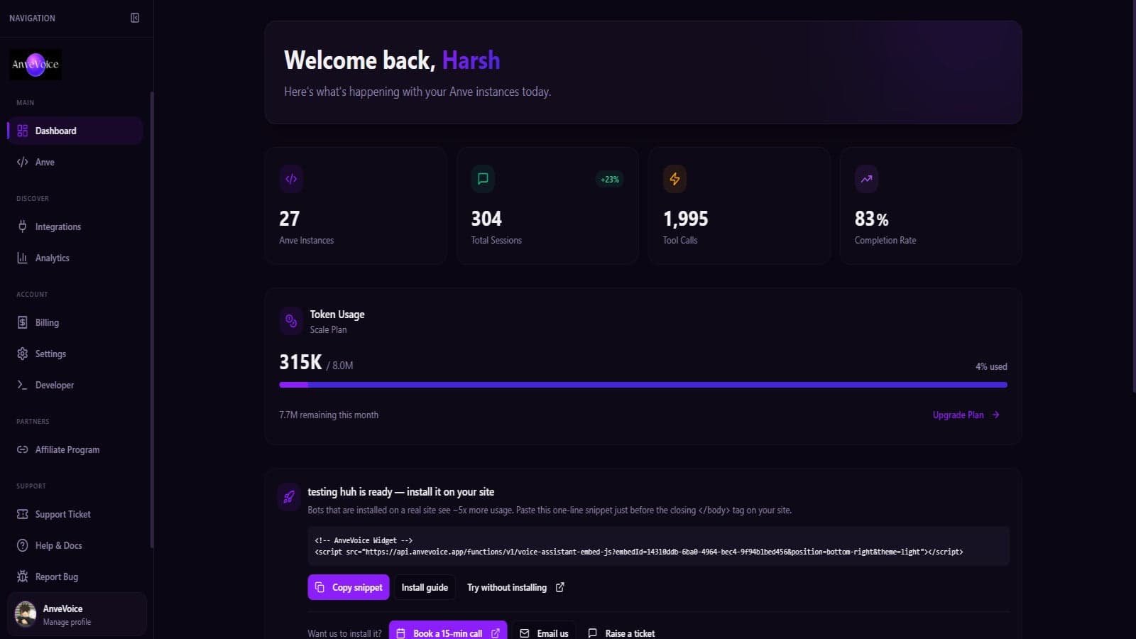 Dashboard — live bot stats, token usage & embed snippet