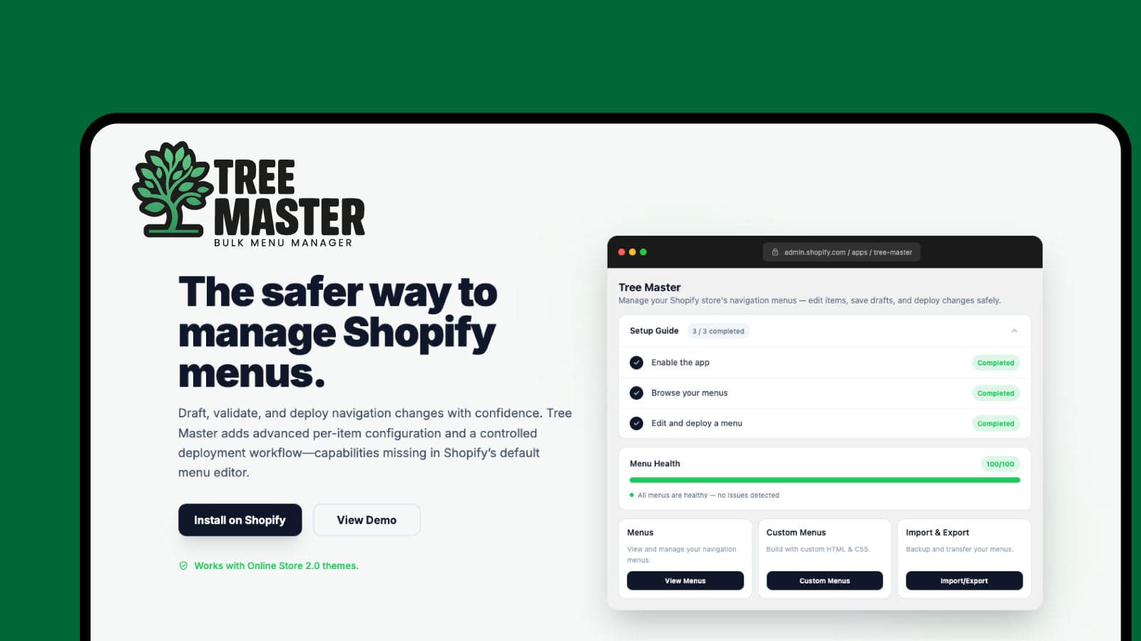 Tree Master Shopify app dashboard for managing store menus