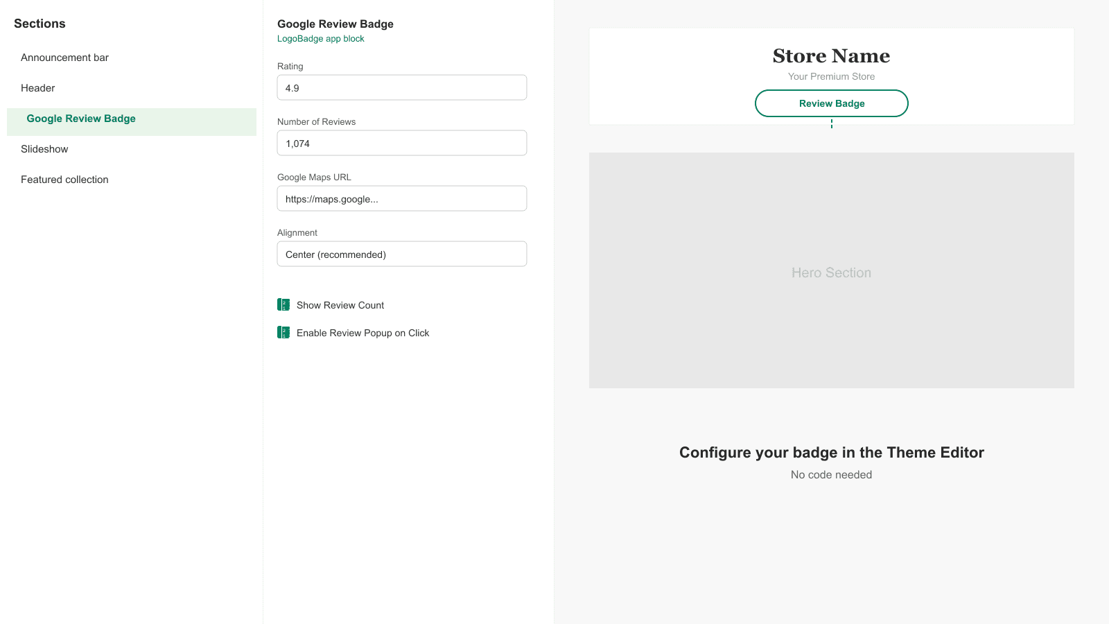 Theme Editor view showing settings panel and store preview