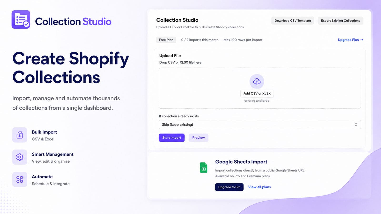 Create and manage Shopify collections in bulk.