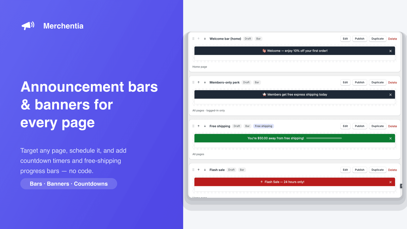 Announcement bars and banners managed in one dashboard