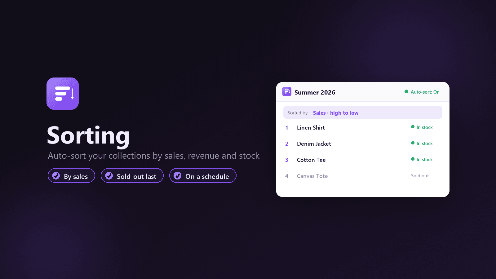 Sorting — auto-sort your collections by sales, revenue and stock