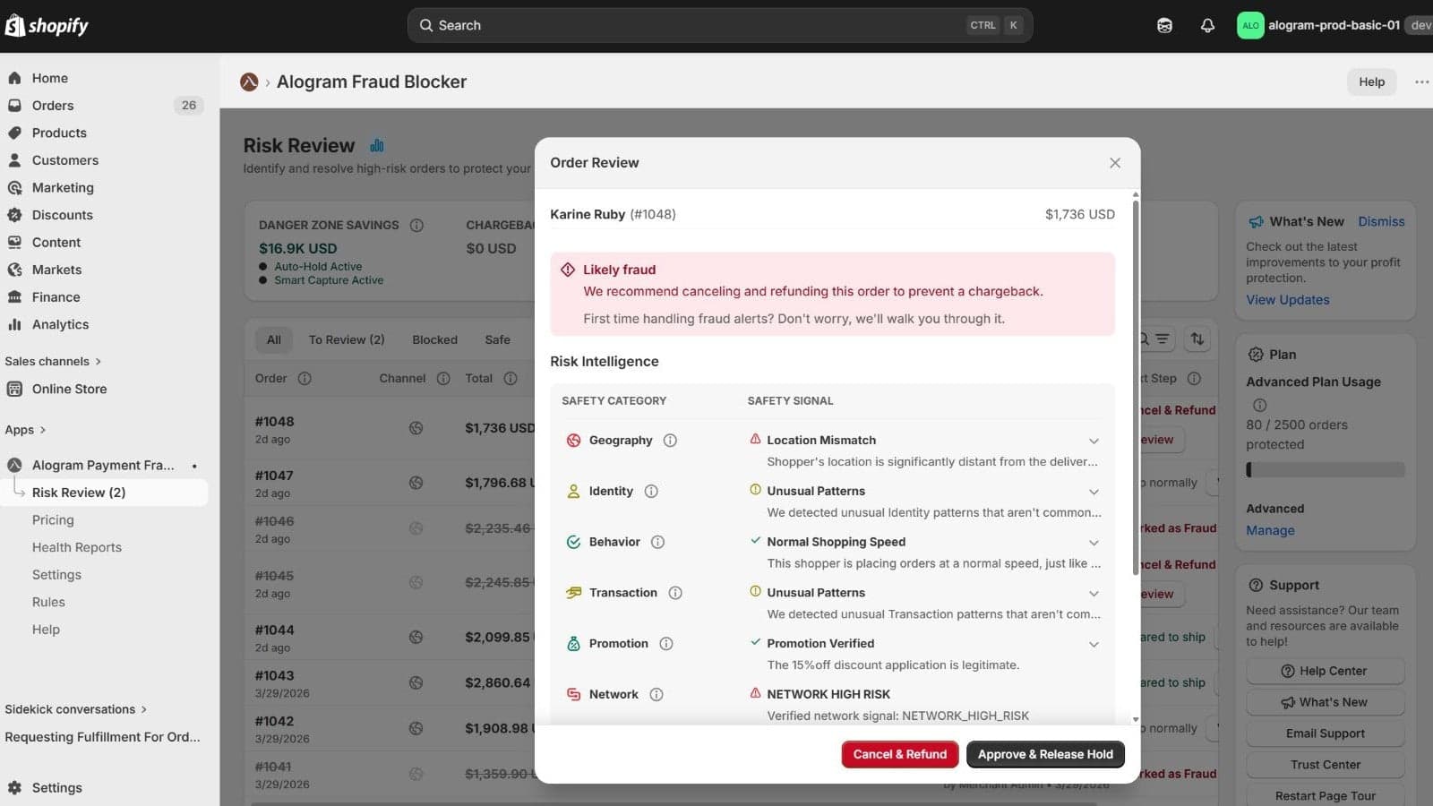 Real-time order risk scores and auto-hold status dashboard.