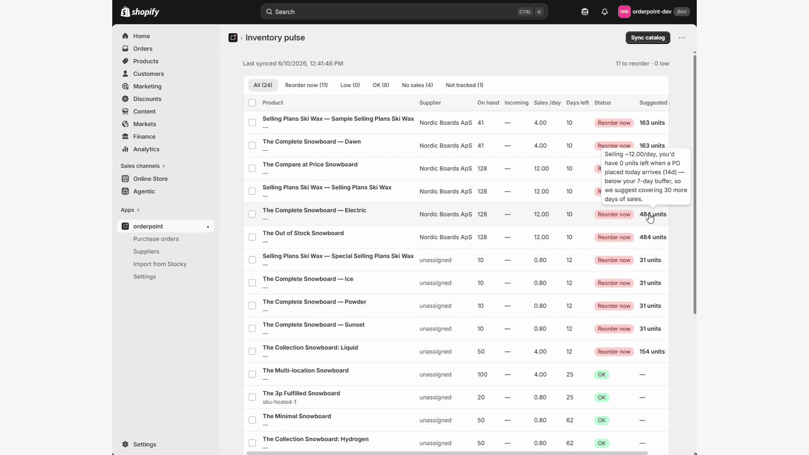 Inventory pulse showing products to reorder with suggested qty
