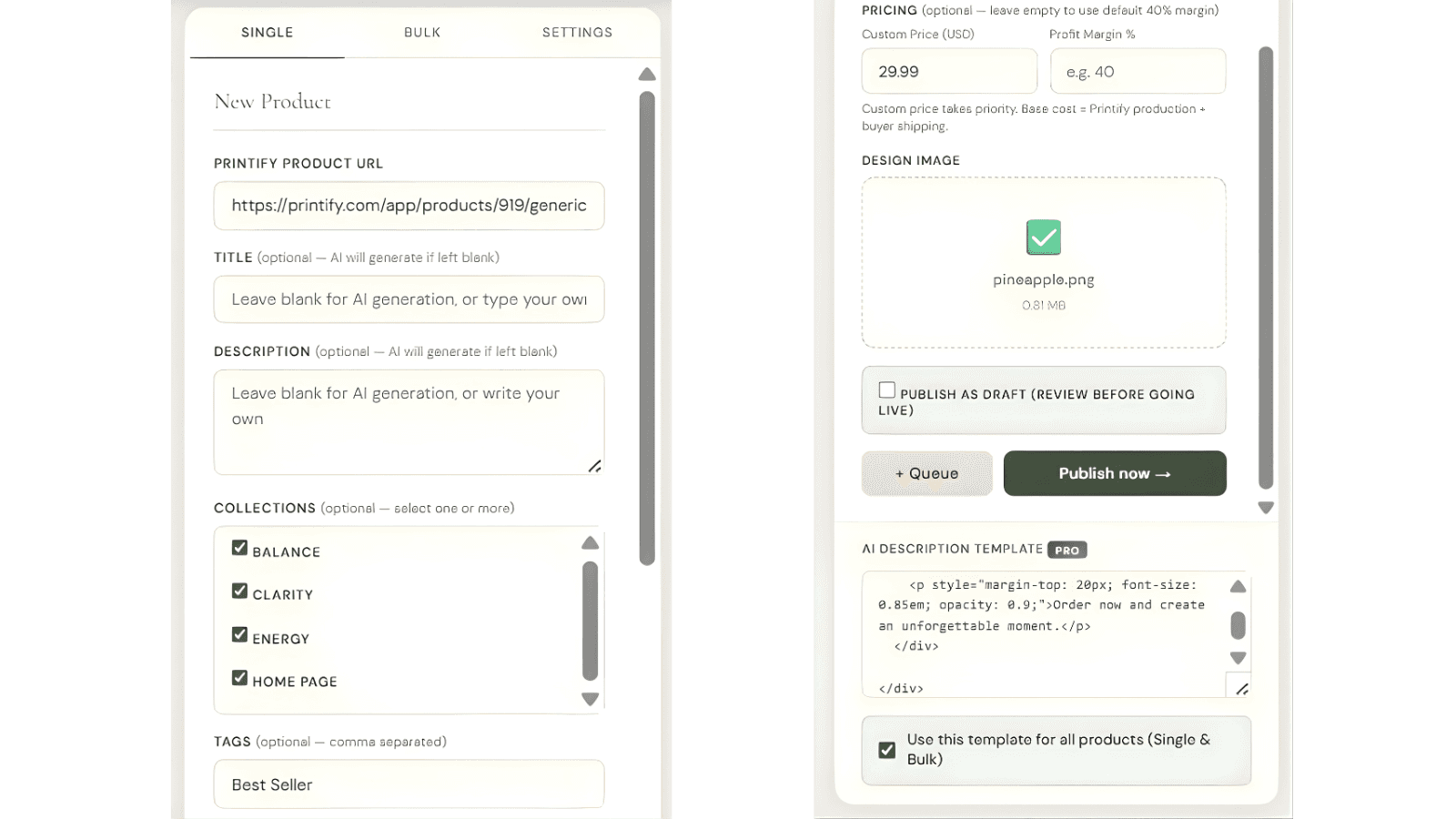 Publify app main interface showing single product upload