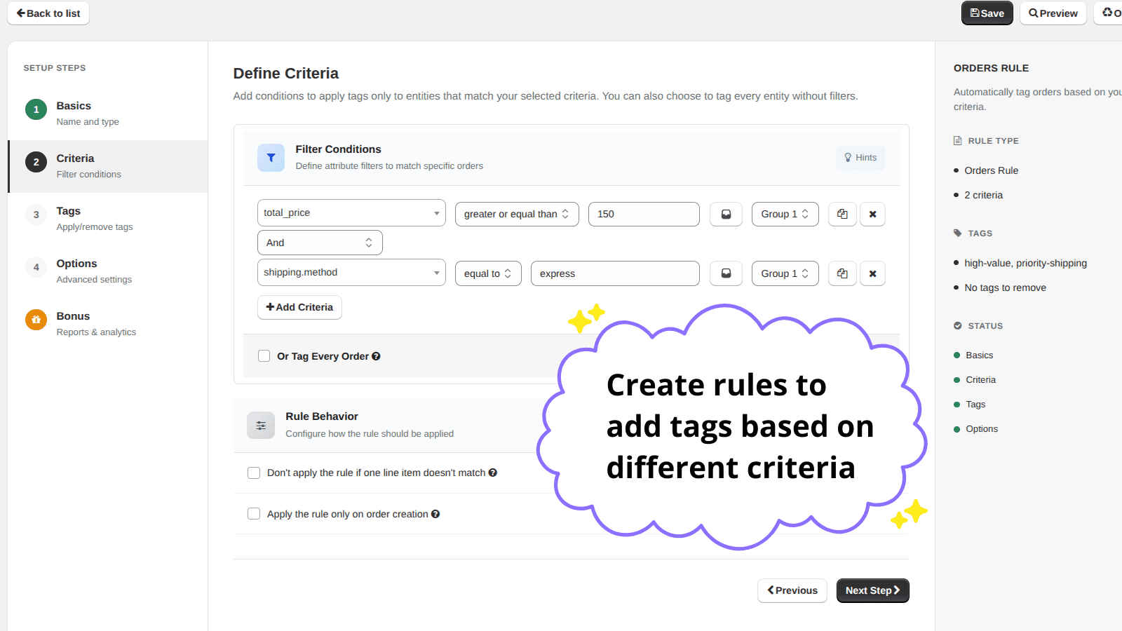 Rule criteria filters