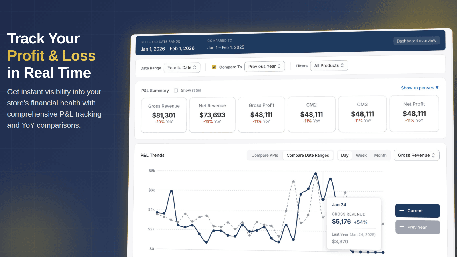 P&L dashboard showing revenue and profit metrics with YoY compar