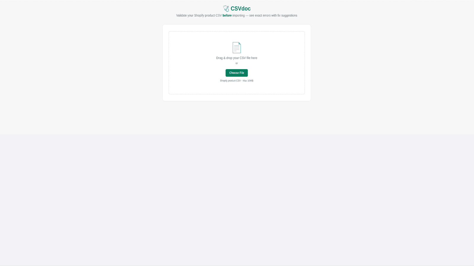 CSV Doctor upload screen with drag and drop interface