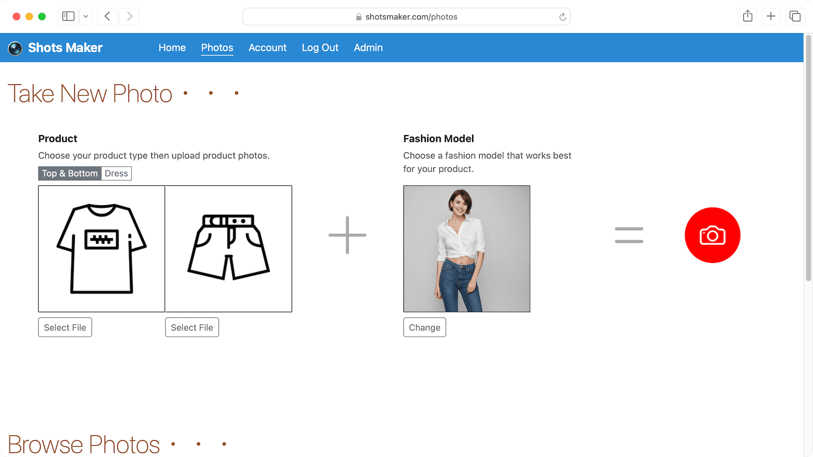 Upload garment photos, select a model, and click to generate
