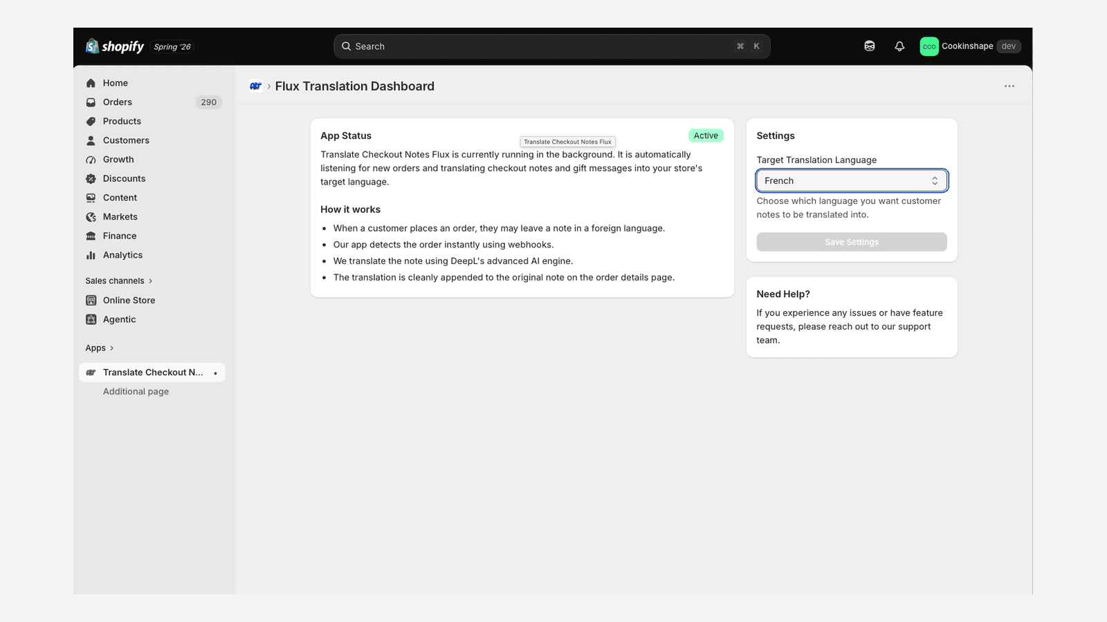 Translate Checkout Notes Flux dashboard within the Shopify admin