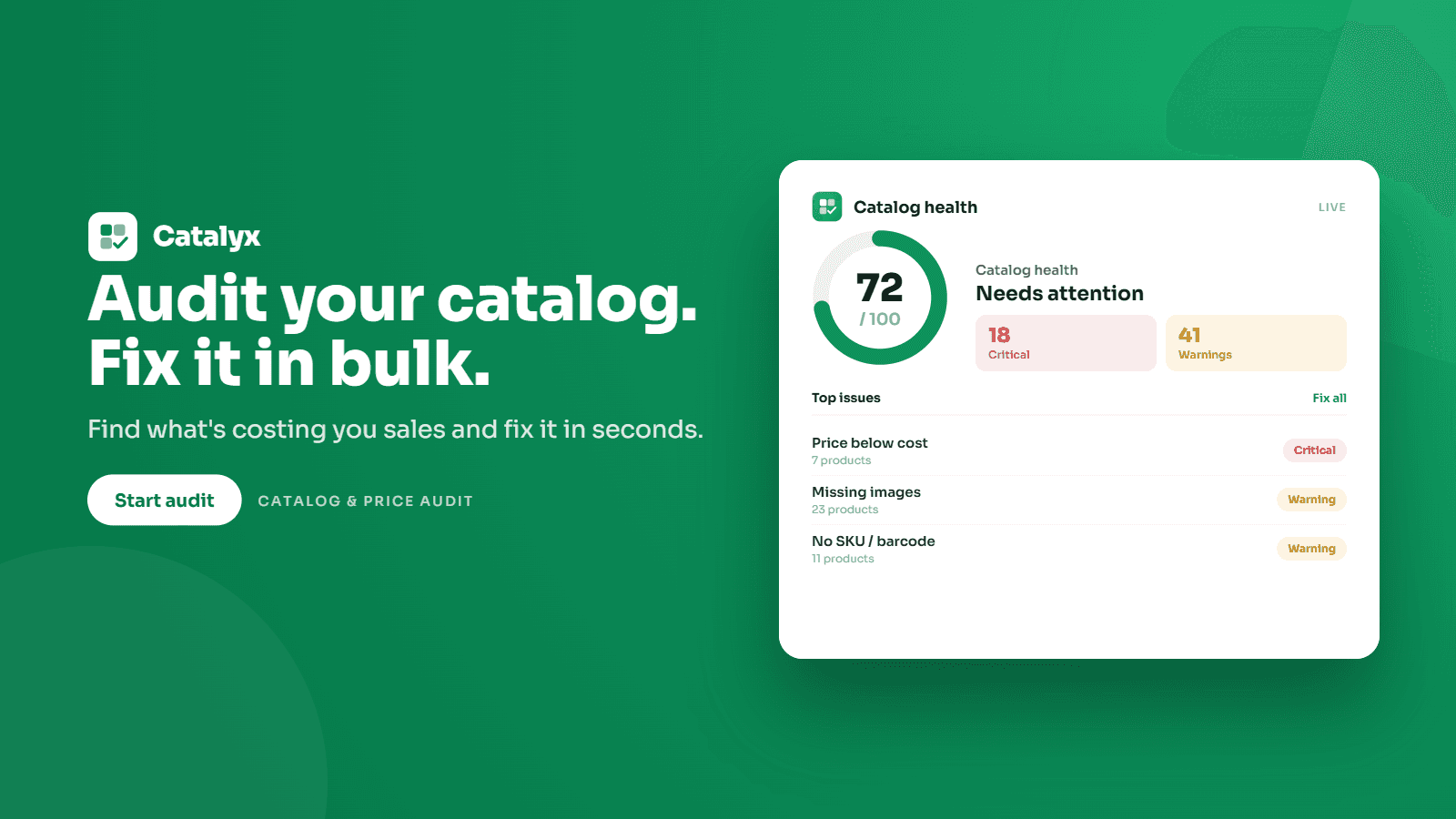 Catalyx dashboard showing a catalog health score of 72 out of 10