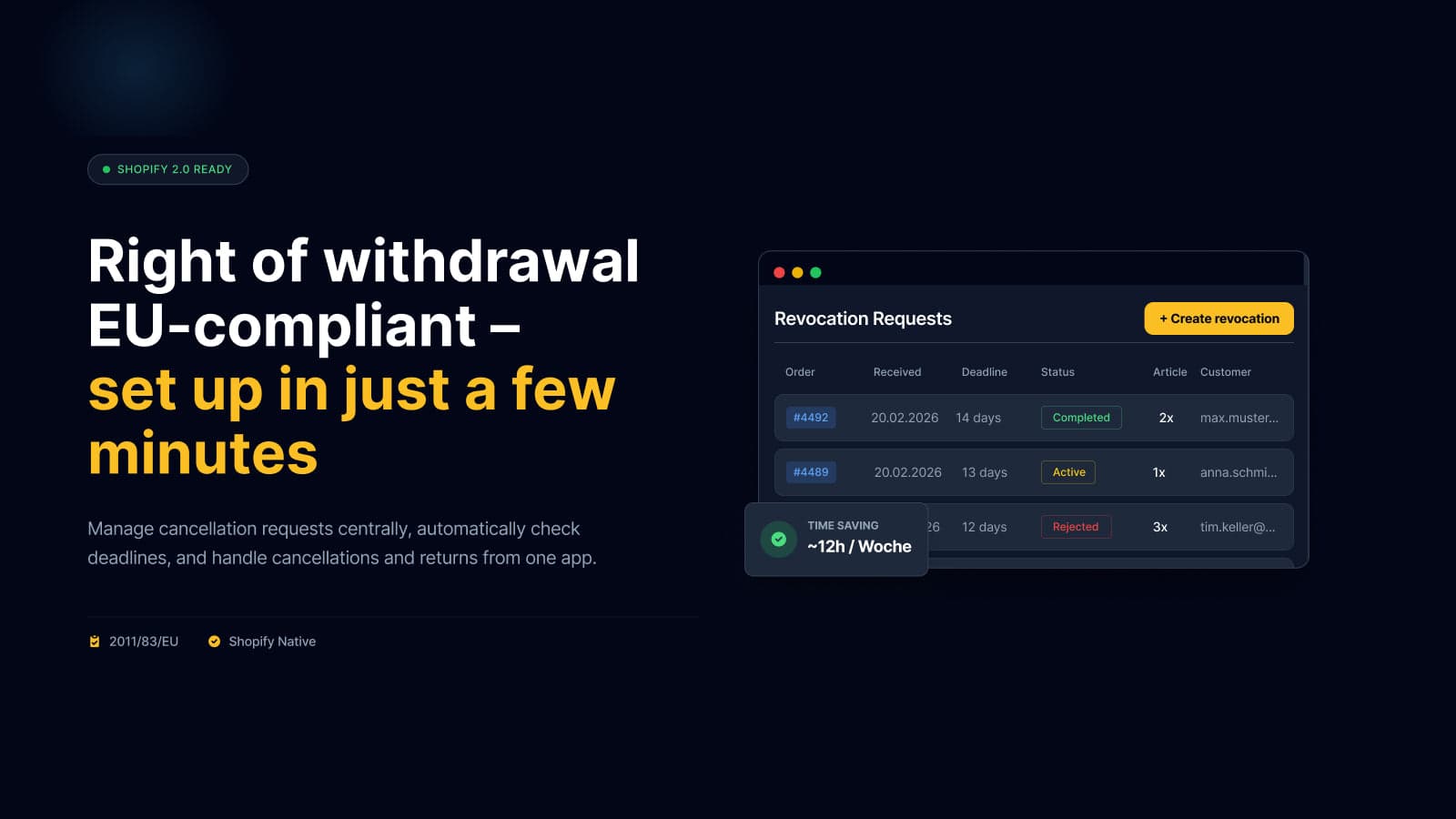 EU-compliant right of withdrawal, dashboard with withdrawals