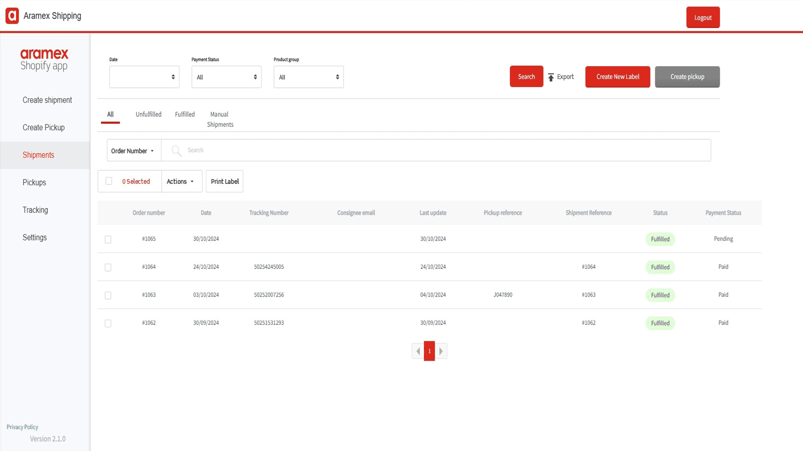 Order listing page - app interface