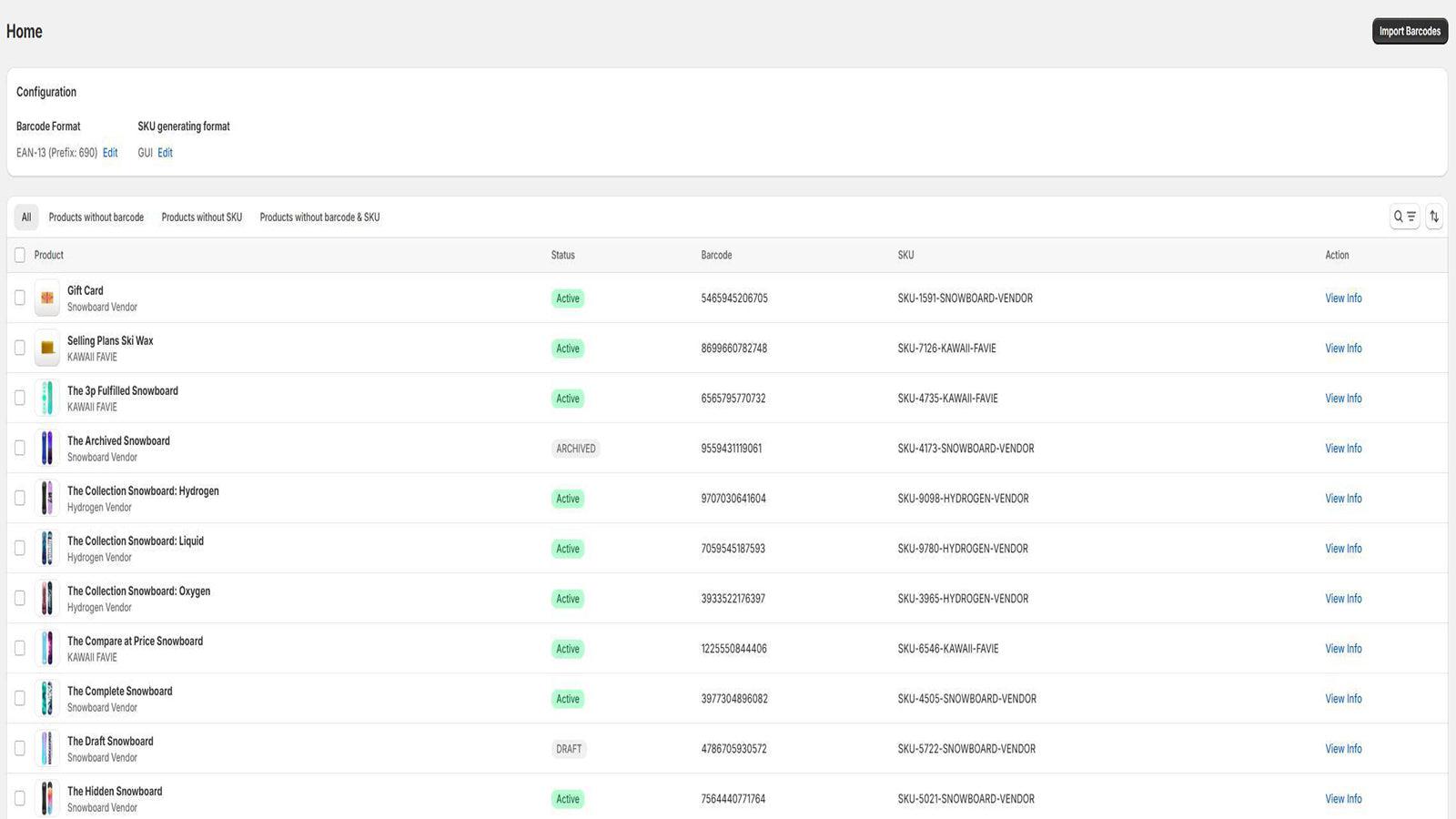 Home dashboard: product mgmt table, config, product list