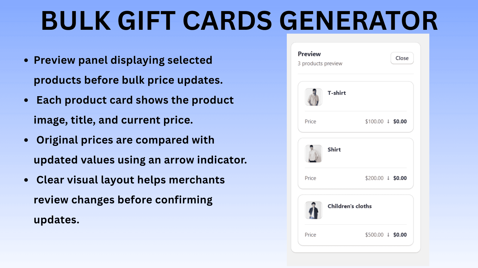 Bulk editor preview with product update comparison.