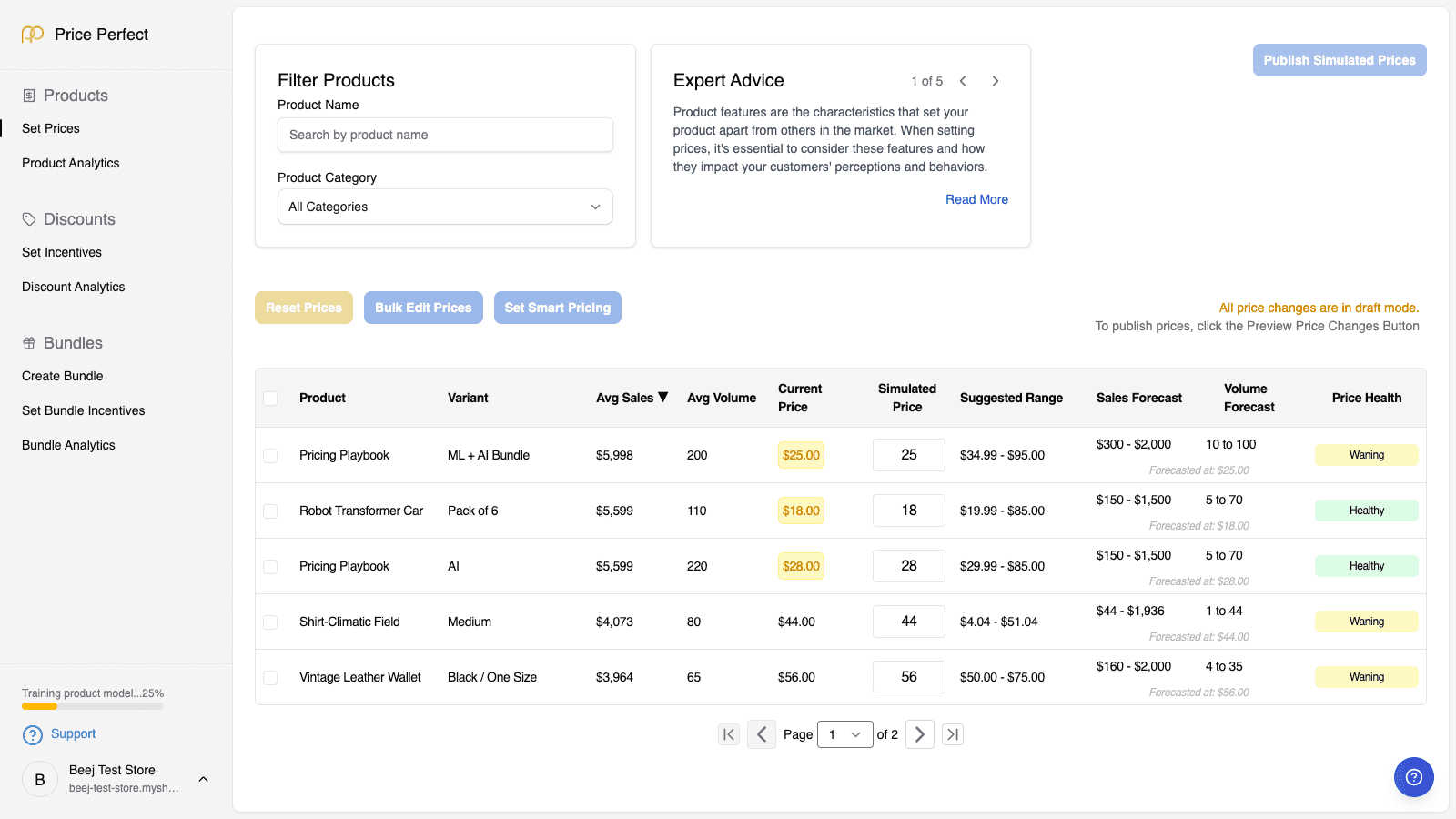 Simulate product pricing