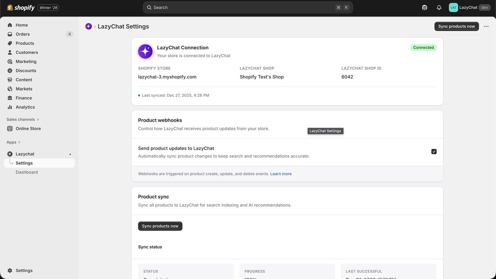 Lazychat app settings in shopify