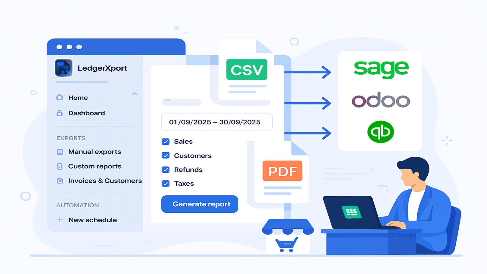 LedgerXport manual export reports to Sage, Odoo, QuickBooks