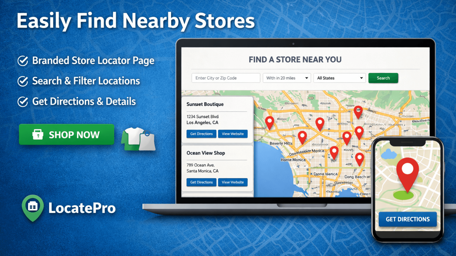 LocatePro store locator promo with map, laptop, and phone