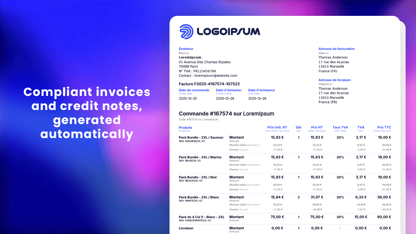 Compliant invoices and credit notes, generated automatically