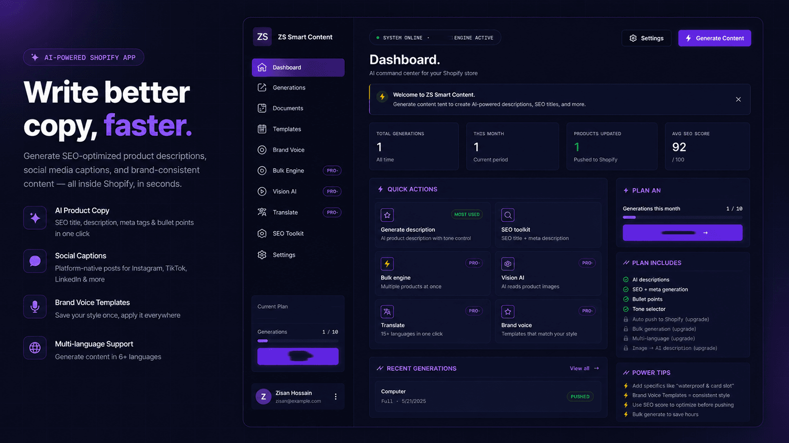 ZS Smart Content dashboard with AI generation stats and quick ac