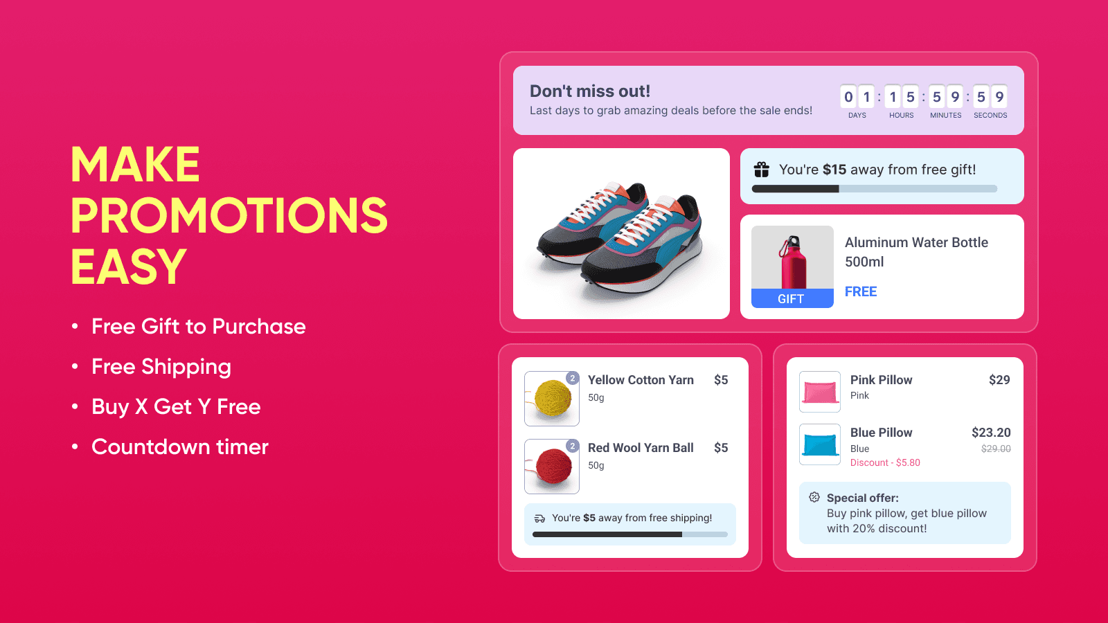 Create promo rules: free gift with purchase, free shipping, bogo