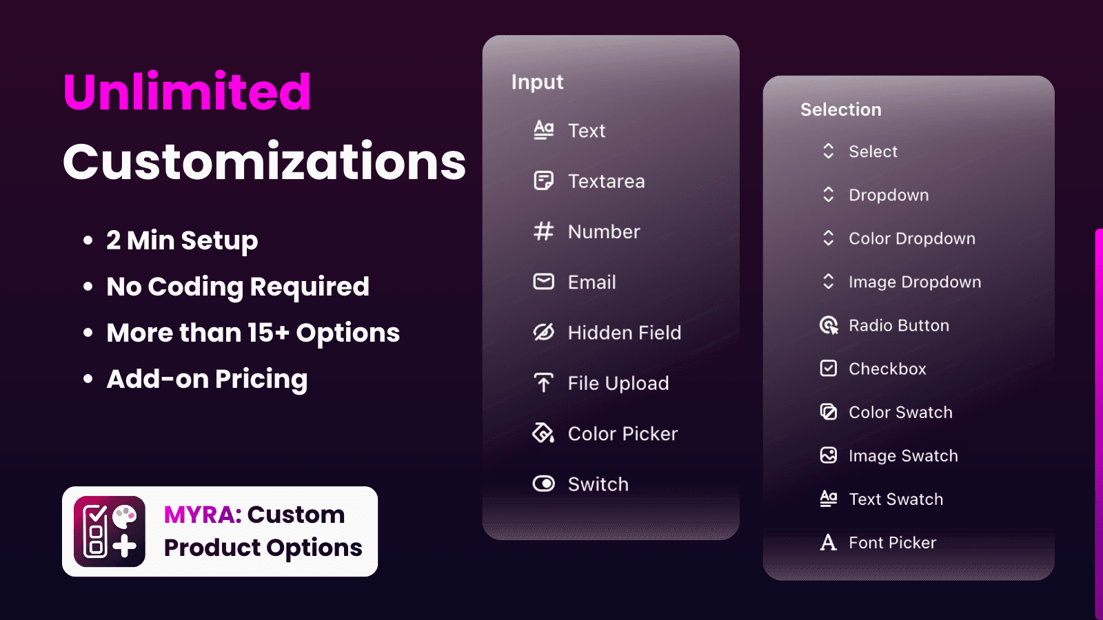 Myra product options: 15+ field types - swatches, file uploads