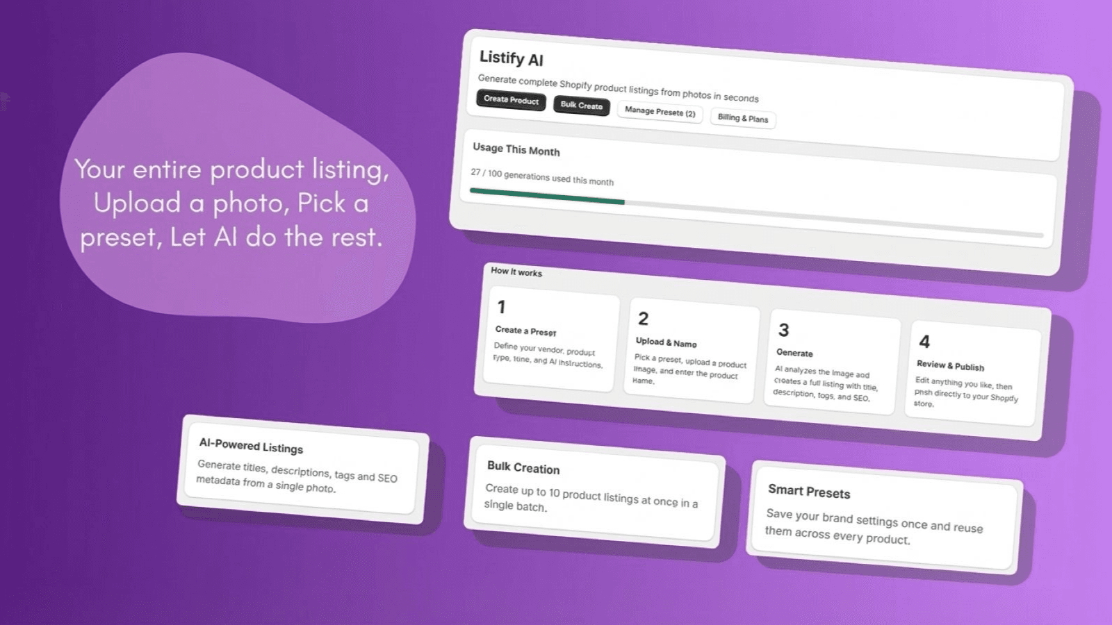 Listify AI bulk product description generator for Shopify stores