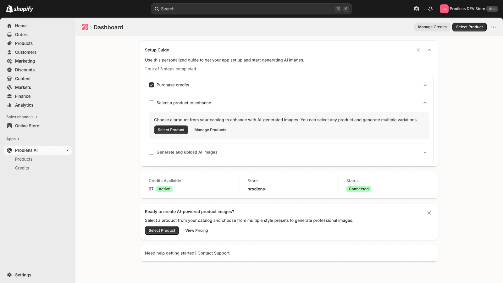 Homepage displaying setup guide, connection status, main CTA