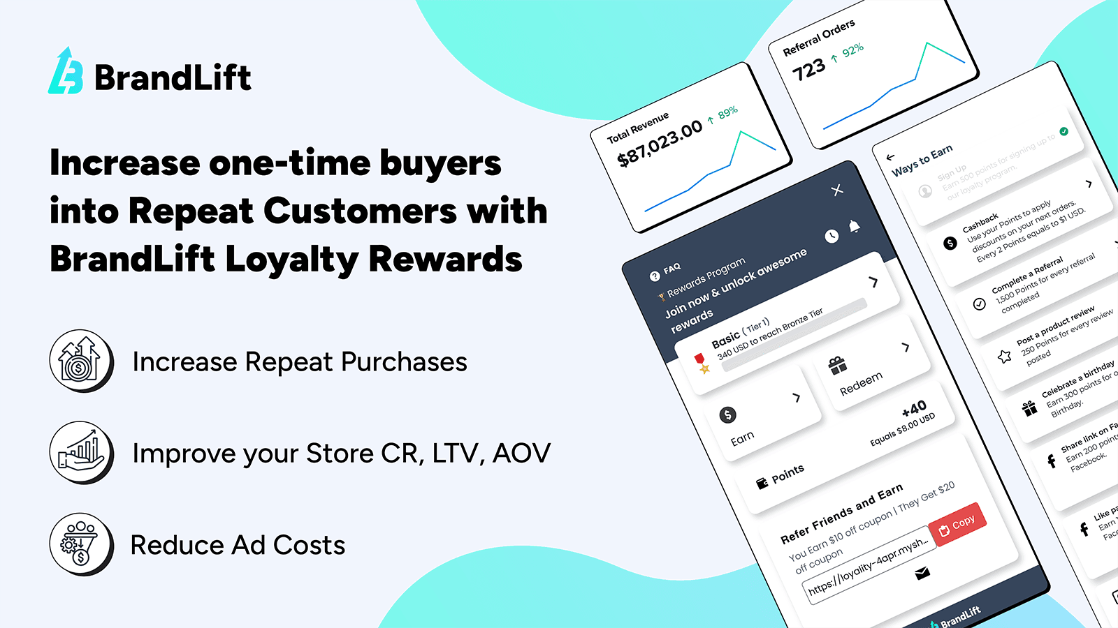 BrandLift loyalty app interface showing features & Store Widget