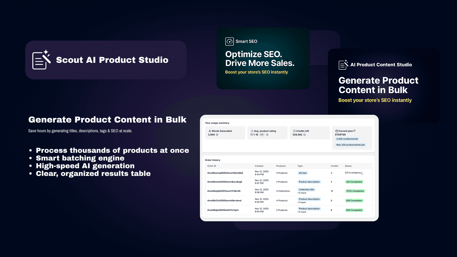 Dashboard with usage summary and bulk content job history