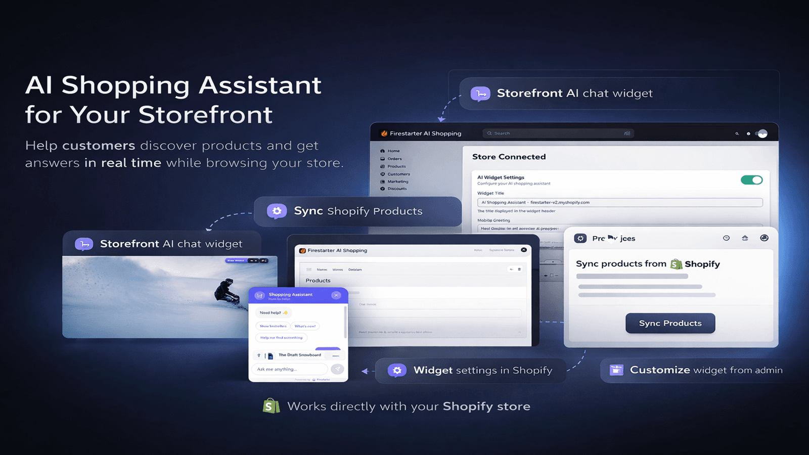 AI shopping assistant interface with storefront widget and admin
