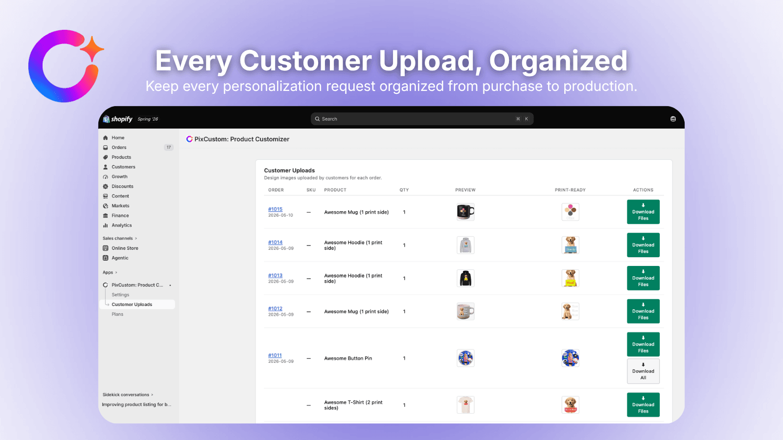 PixCustom Organized Admin Customer Uploads