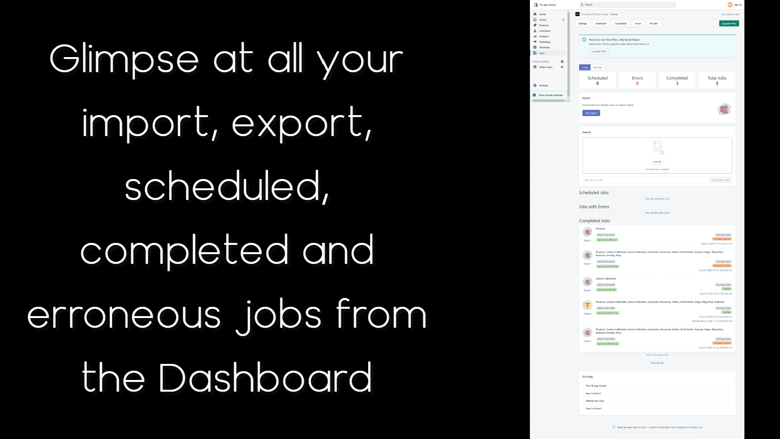 Import and Export Dashboard. View jobs and schedules.
