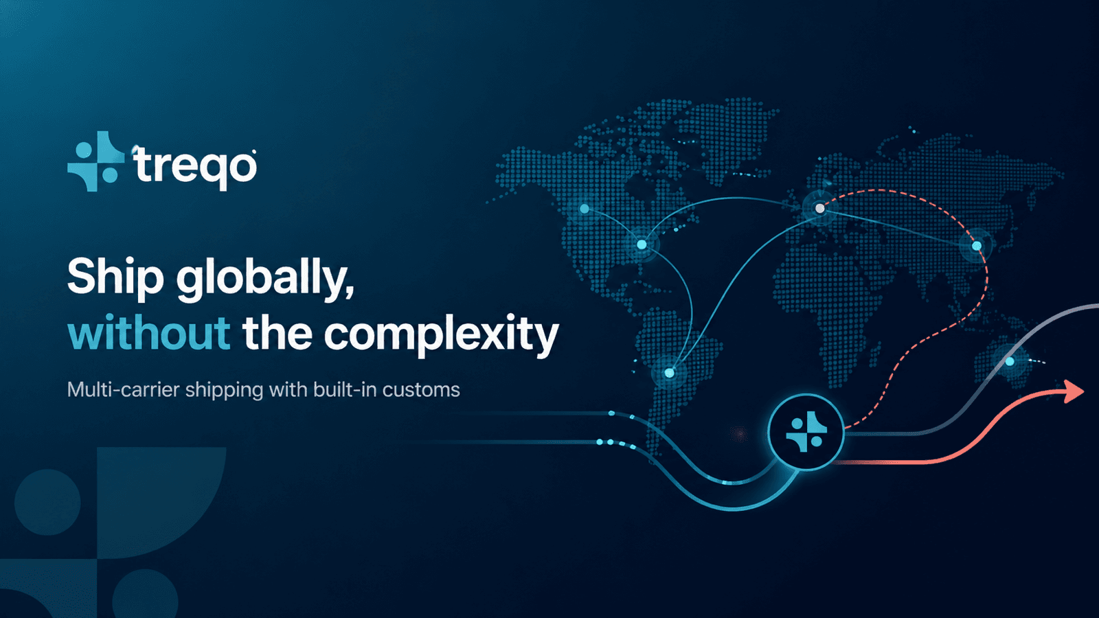 Treqo logo with shipping routes connecting cities on a world map