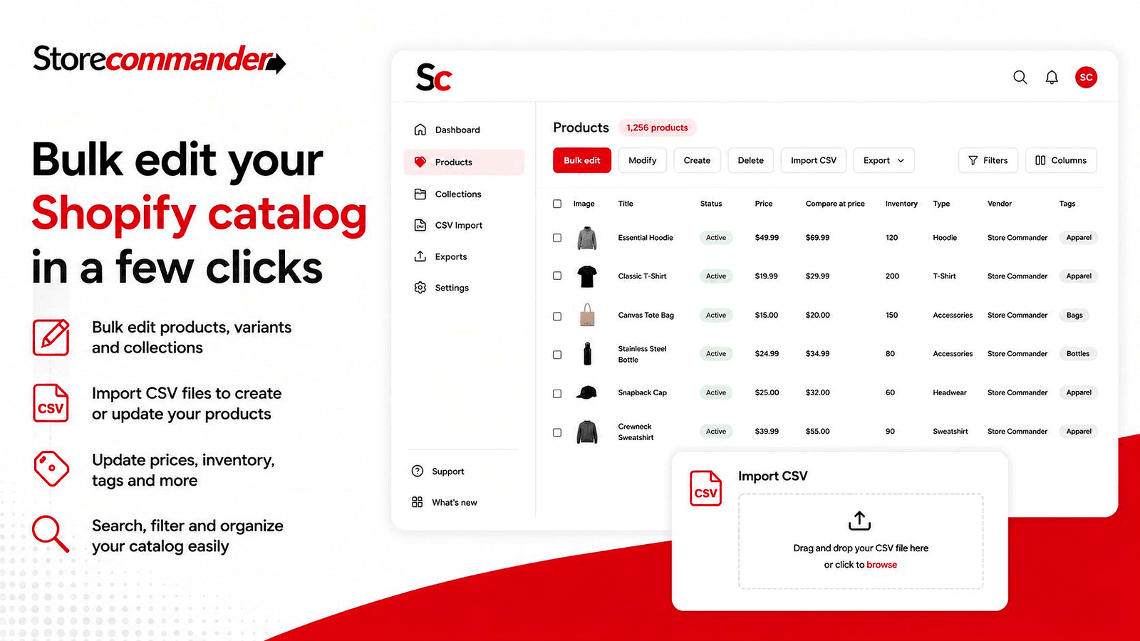 Shopify catalog management with bulk editing and CSV import