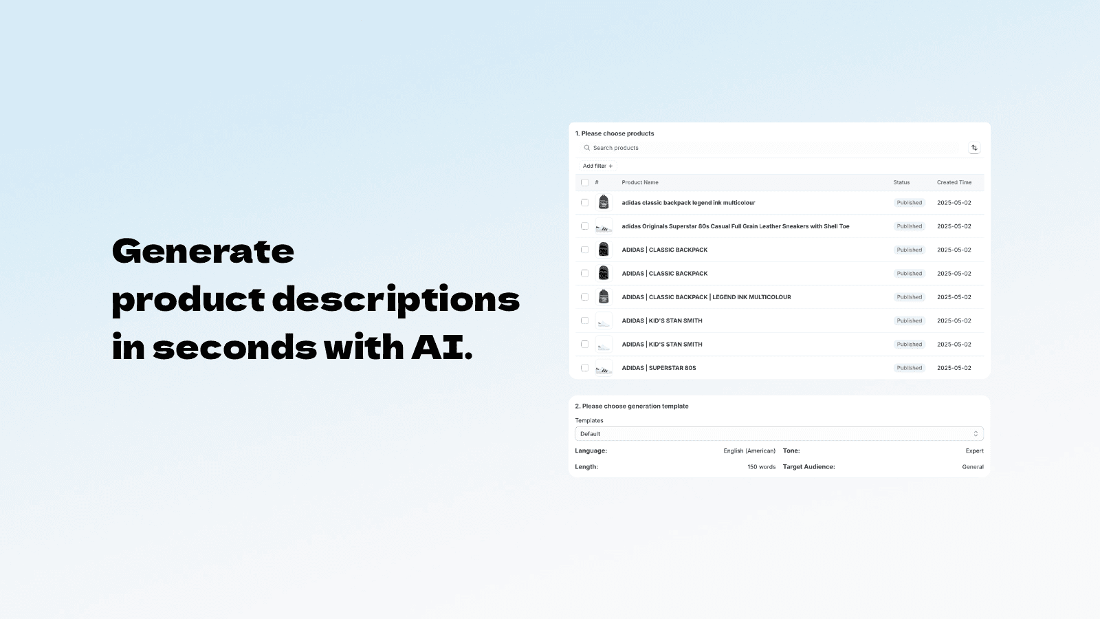 Generate product descriptions in seconds with AI.