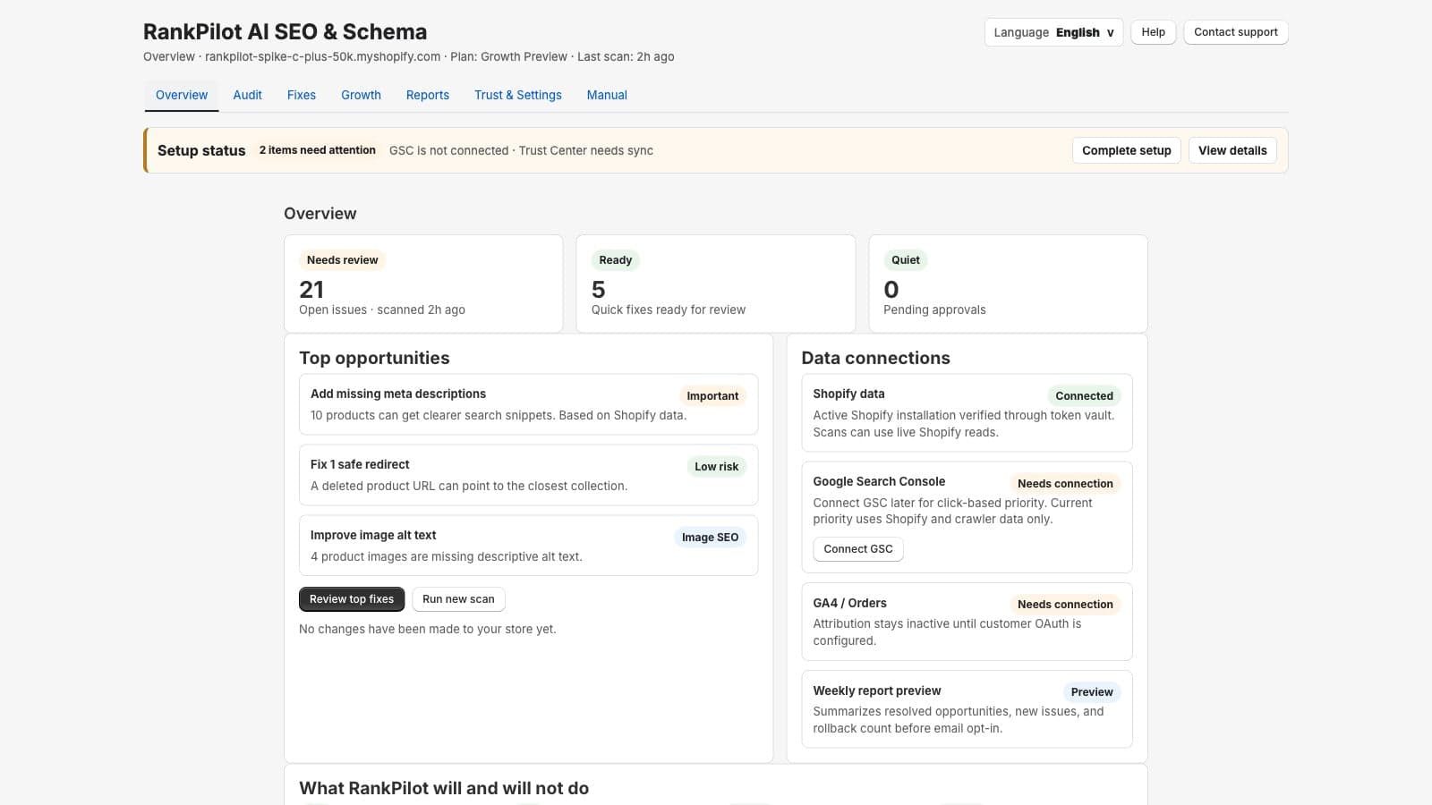 RankPilot SEO audit dashboard with prioritized issues